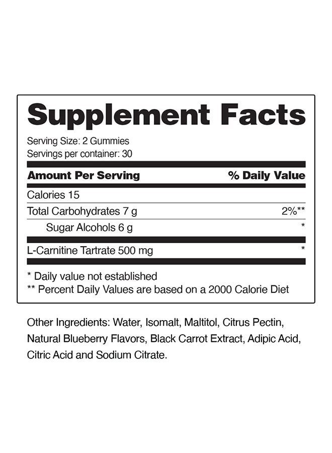 L-Carnitine Sugar-Free Blueberry Gummies Increased Energy¹ Jump Start Metabolism² Exercise Recovery³, Free Of Big 8 Allergens. Dietary Supplement 60 Gummies